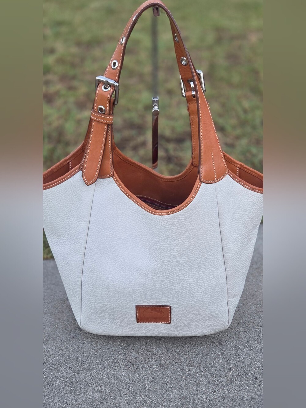 Dooney & Bourke Patterson Penelope Pebble Leather Shoulder Bag Cream & Tan-Good